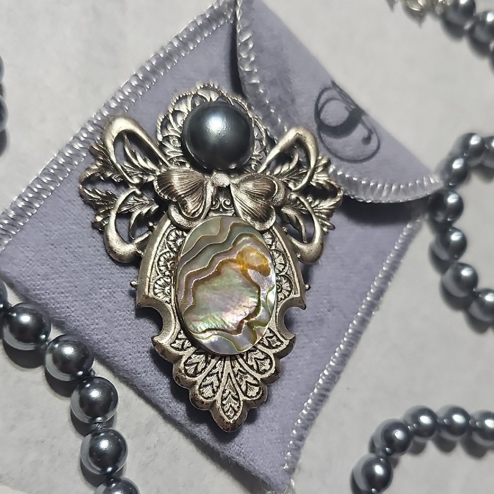 Fenton Gray Brooch with Intricate Filigree Design NWOT